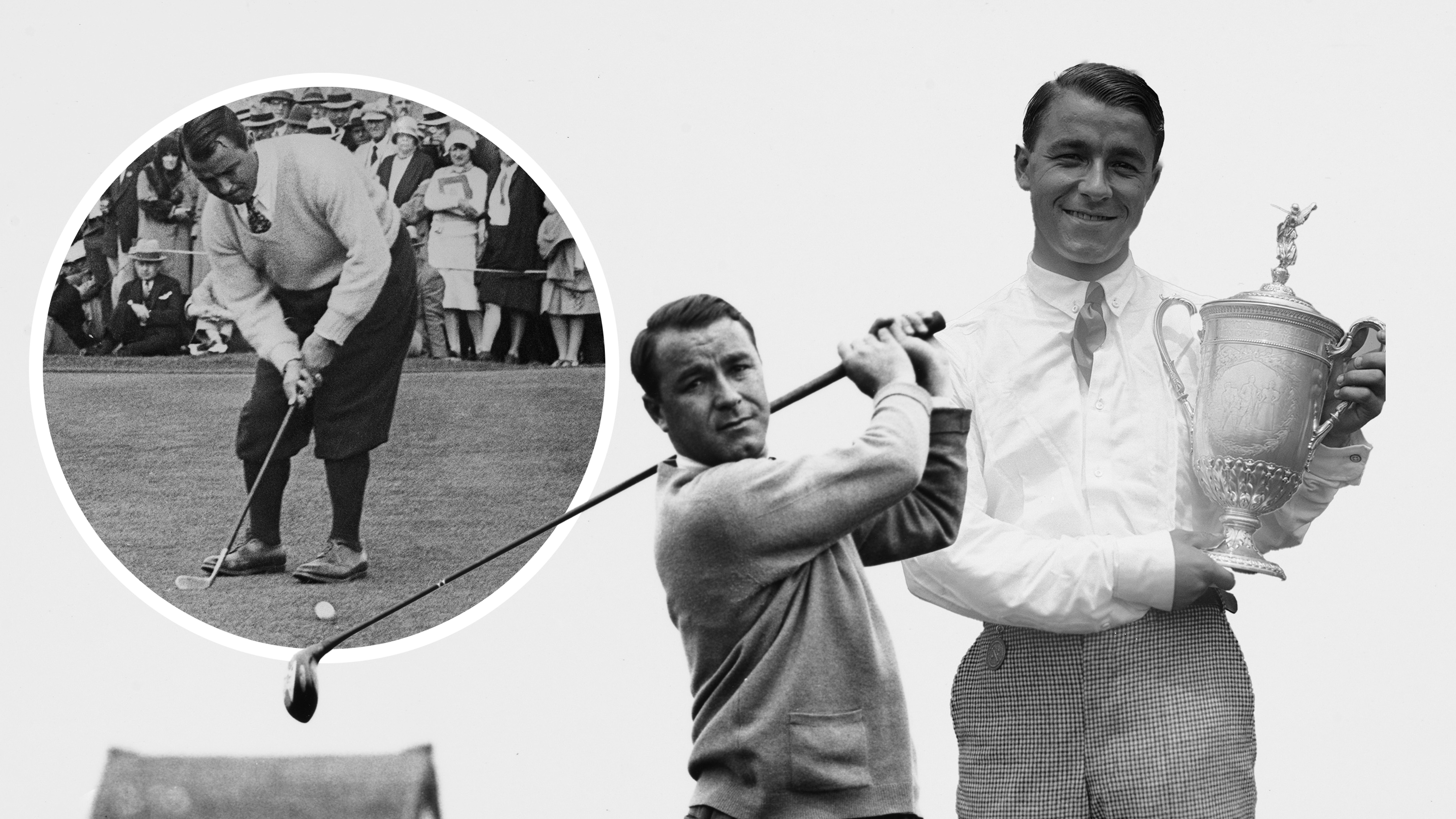 Gene Sarazen after hitting a tee shot, with inset images of Gene Sarazen holding a trophy in celebration and another of Gene Sarazen putting on the green