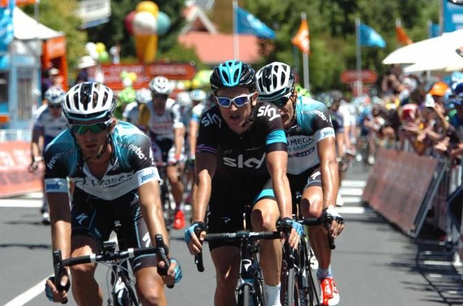 Peter Velits (Omega Pharma-QuickStep) and Geraint Thomas (Sky) at the Tour Down Under.