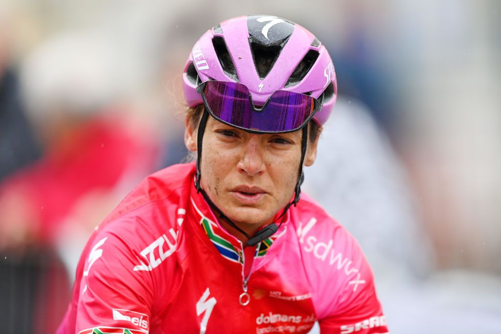 WELSHPOOL WALES JUNE 09 Ashleigh Moolman Pasio of South Africa and Team SD Worx after crosses the finishing line during the 8th The Womens Tour 2022 Stage 4 a 1447km from Wrexham to Welshpool WomensTour UCIWWT on June 09 2022 in Welshpool Wales Photo by Justin SetterfieldGetty Images