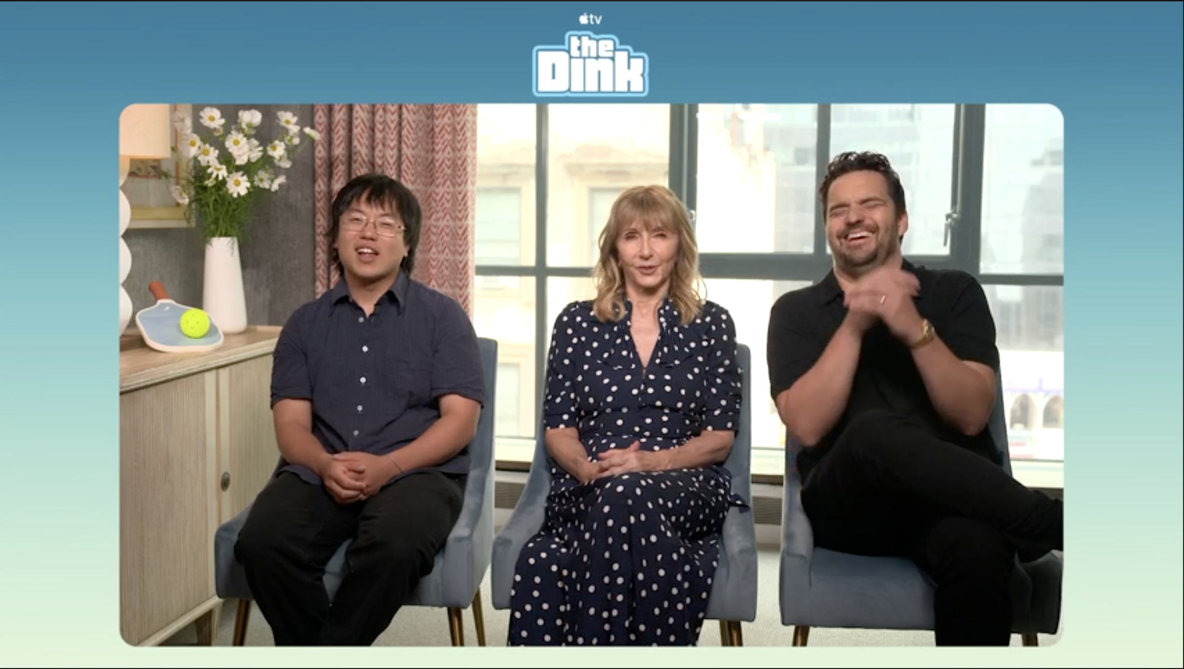 an image of Aaron Chen, Mary Steenburgen, and Jake Johnson on the Zoom interview for The Dink