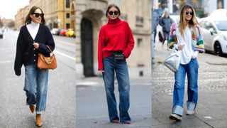 influencers showing how to style wide leg jeans with knitwear