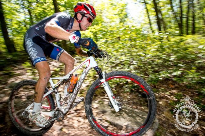 A rider pushes hard through Stage 1&rsquo;s SRAM End uro segment.