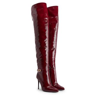 burgundy patent leather thigh-high boots