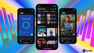 An image of three smartphones display the new Spotify redesign for 2023