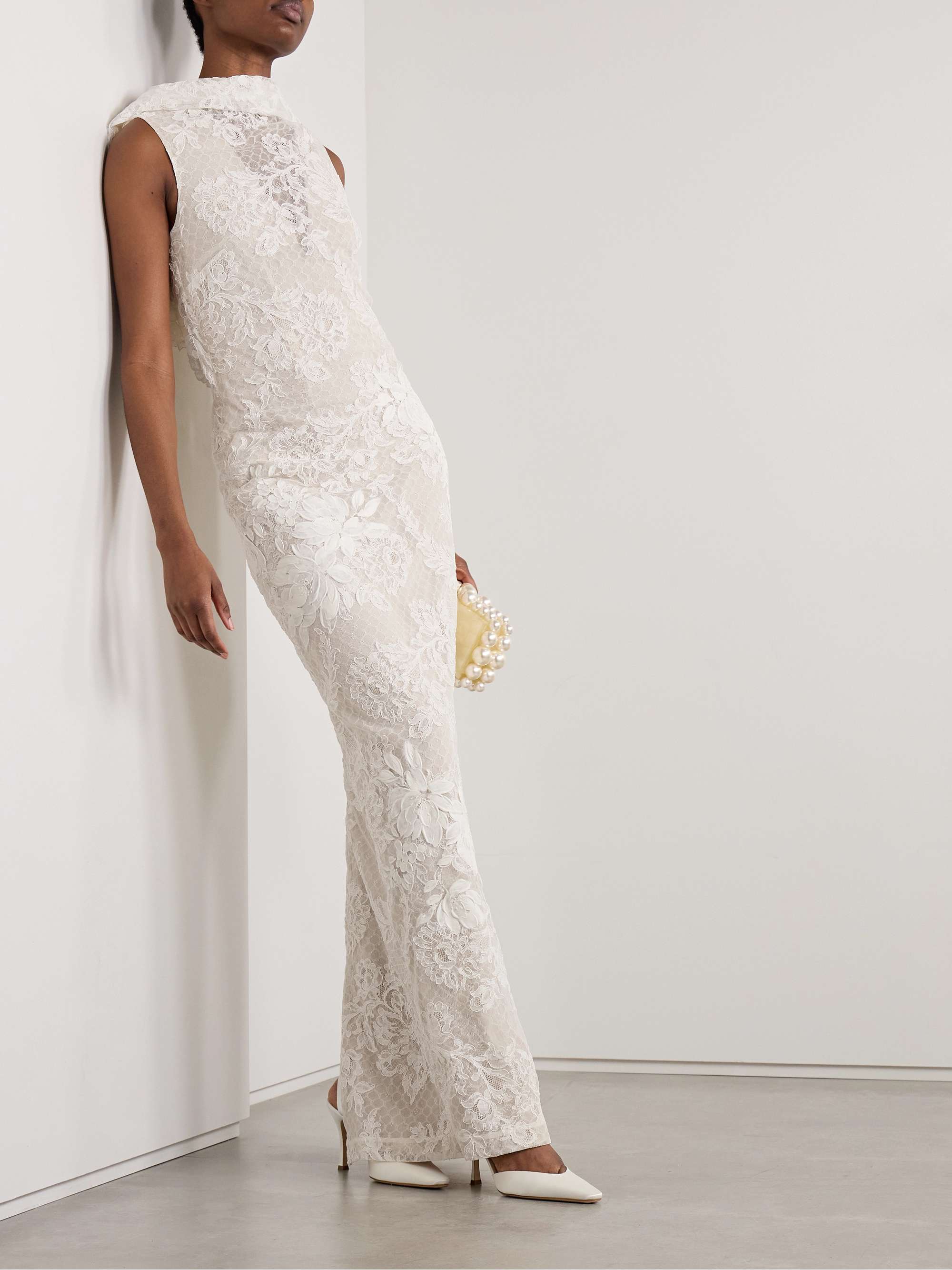 Laurel Draped Cotton-Blend Corded Lace Gown