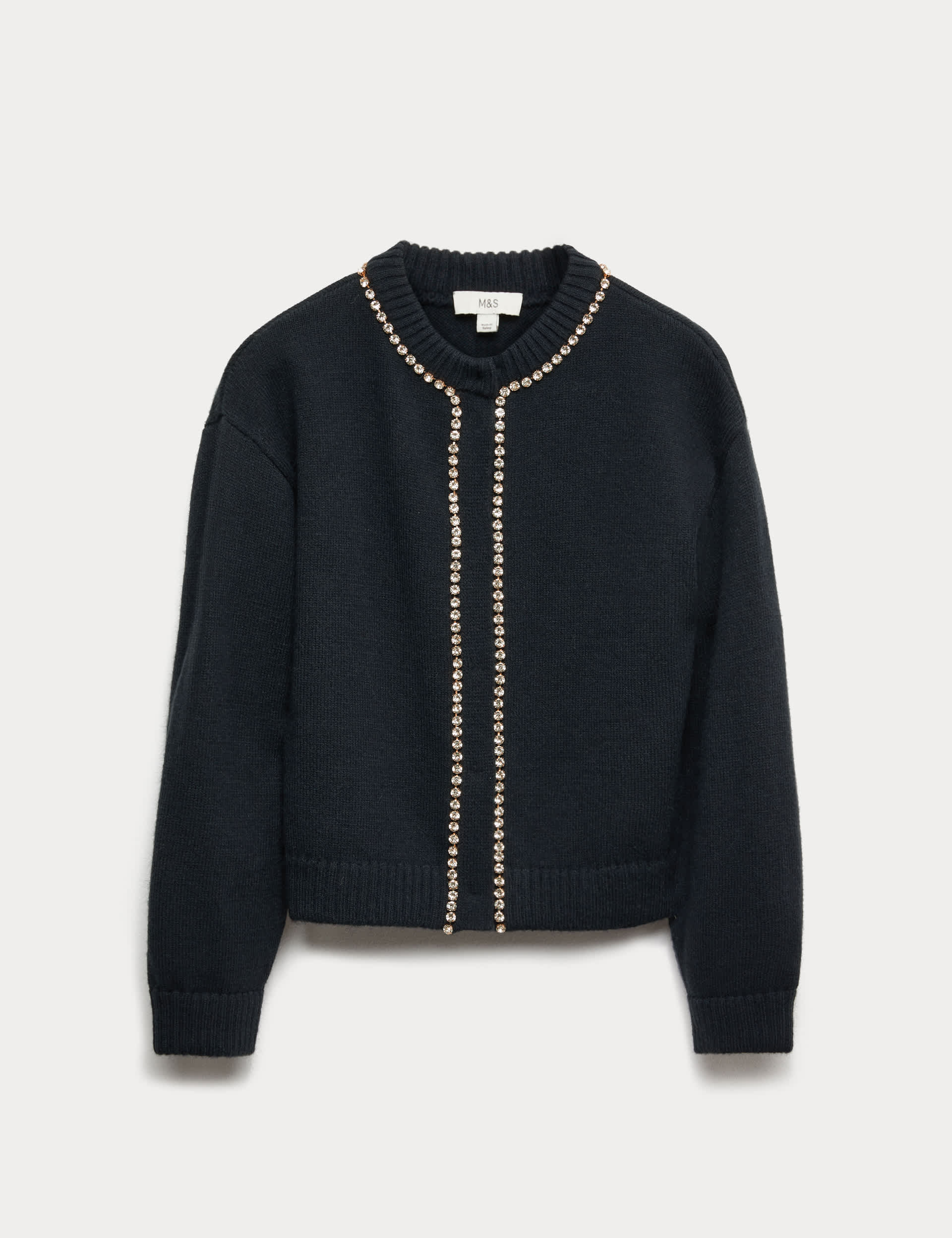 Gem Detail Crew Neck Cardigan With Wool