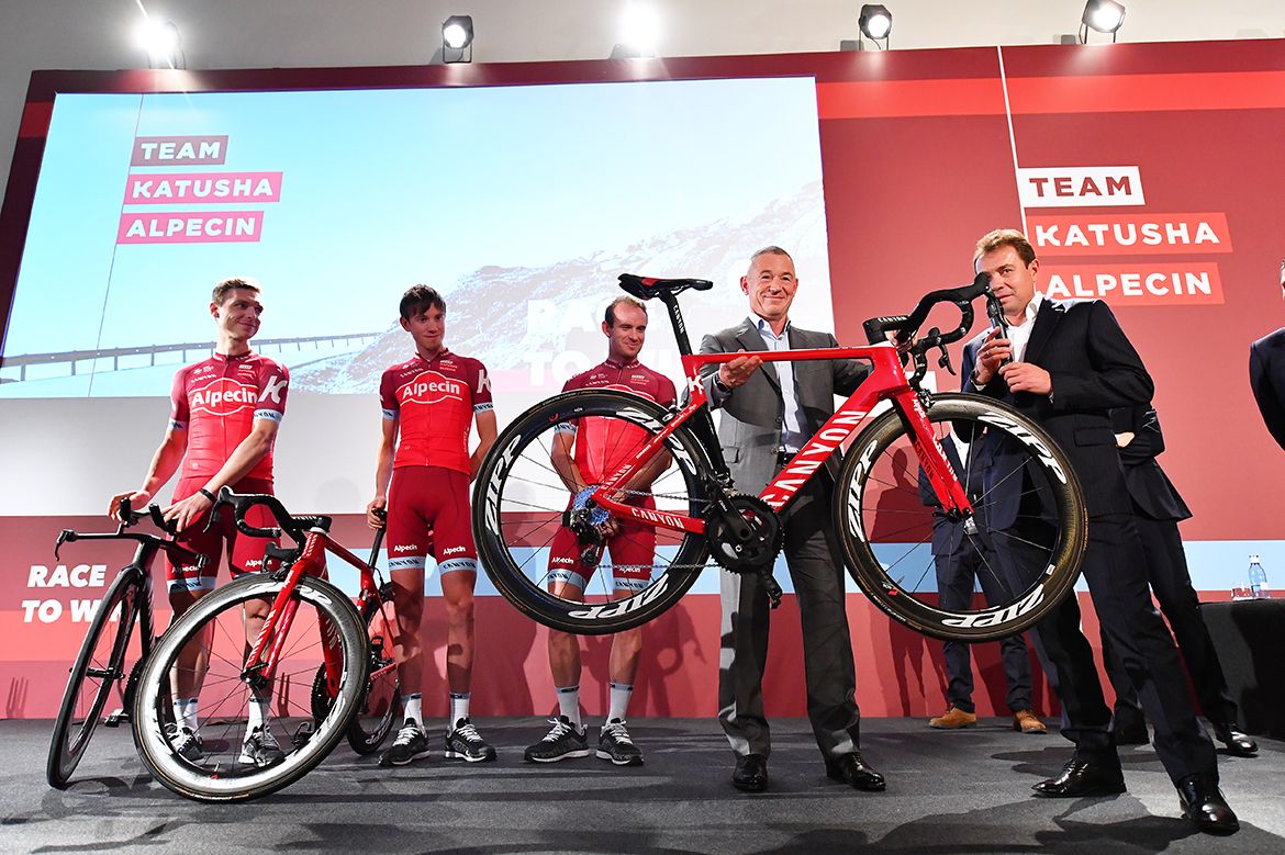 Team owner Igor Makarov shows off the 2017 Canyon team bike