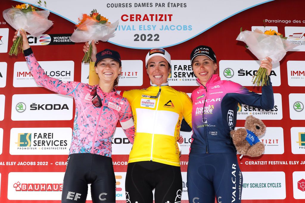 Veronica Ewers (EF-Education-TIBCO-SVB) in second, Marta Bastianelli (UAE Team ADQ) first and Silvia Persico (Valcar-Travel&amp;amp;Service) third in the 2022 Festival Elsy Jacobs