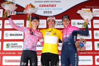 Veronica Ewers (EF-Education-TIBCO-SVB) in second, Marta Bastianelli (UAE Team ADQ) first and Silvia Persico (Valcar-Travel&Service) third in the 2022 Festival Elsy Jacobs