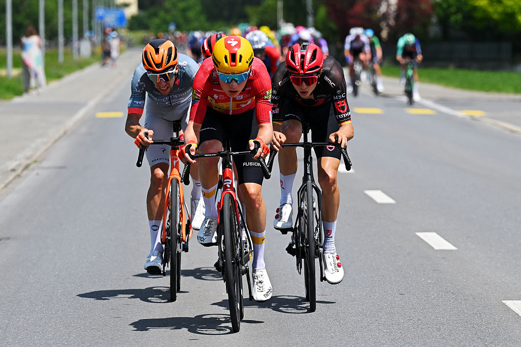 BAD RAGAZ, SWITZERLAND - JUNE 19: (L-R) Axel Laurance of France and Netcompany INEOS Cycling Team, Simon Dalby of Denmark and Team Uno-X Mobility and Marco Brenner of Germany and Team Tudor Pro Cycling compete in the breakaway during the 89th Tour de Suisse 2026, Stage 3 a 157.4km stage from Bad Ragaz to Bad Ragaz / #UCIWT / on June 19, 2026 in Bad Ragaz, Switzerland. (Photo by Tim de Waele/Getty Images)