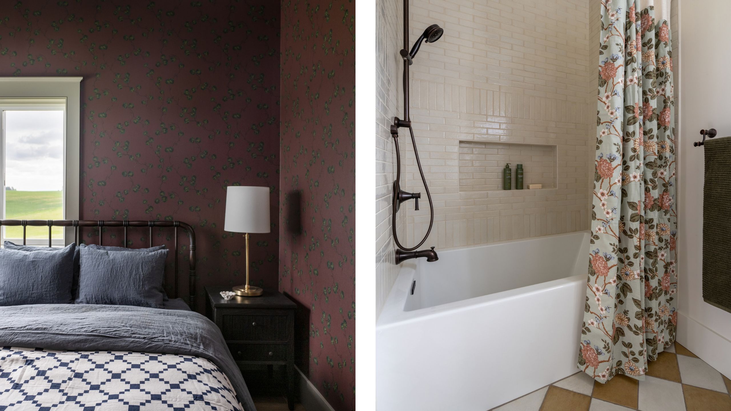 two side by side images of a burgundy floral wallpapered guest room and a bathroom with checkerboard floor tiles and floral shower curtain