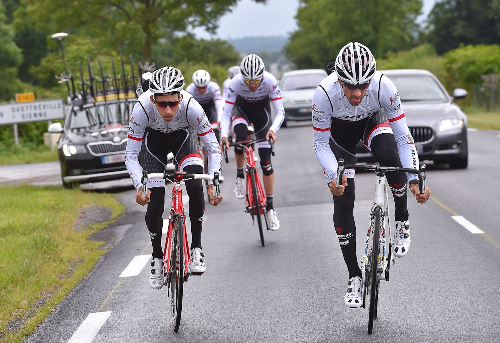 Bauke Mollema and Fabian Cancellara take part in a training ride the day before the Tour de France start
