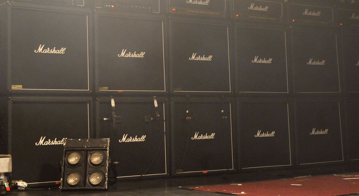 A stack of Marshall amplifiers and speaker cabs, set up at a London venue on January 11, 2013