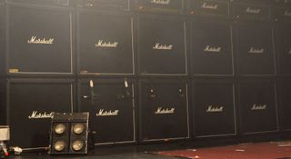 A stack of Marshall amplifiers and speaker cabs, set up at a London venue on January 11, 2013