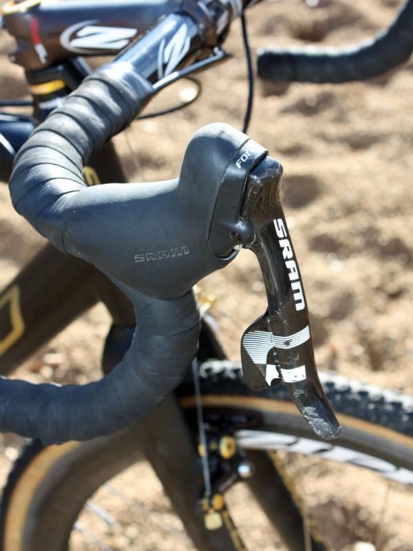 SRAM Force DoubleTap levers show the marks of a crash.