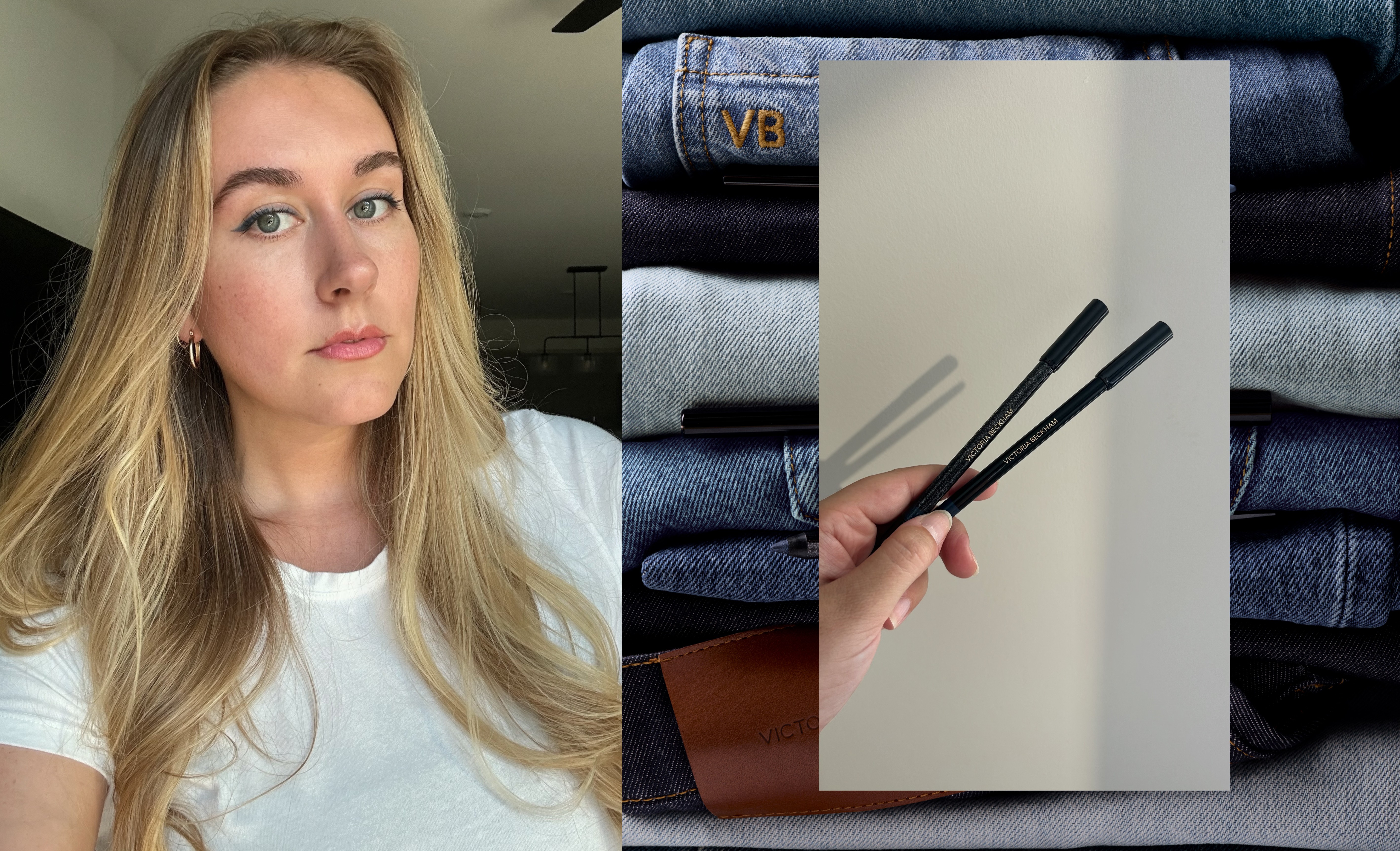 Beauty editor Kaitlyn McLintock testing Victoria Beckham Beauty's denim-inspired Satin Kajal Eyeliners