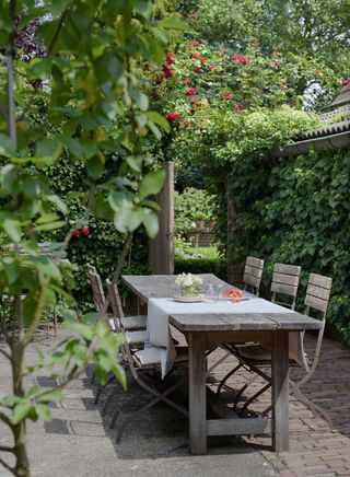 garden patio with pergola and rustic wooden furniture