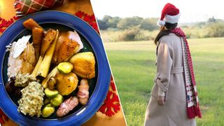 Christmas dinner on blue plate (left). Woman wearing Santa hat, red festive scarf and long beige trench coat walking in green field (right)