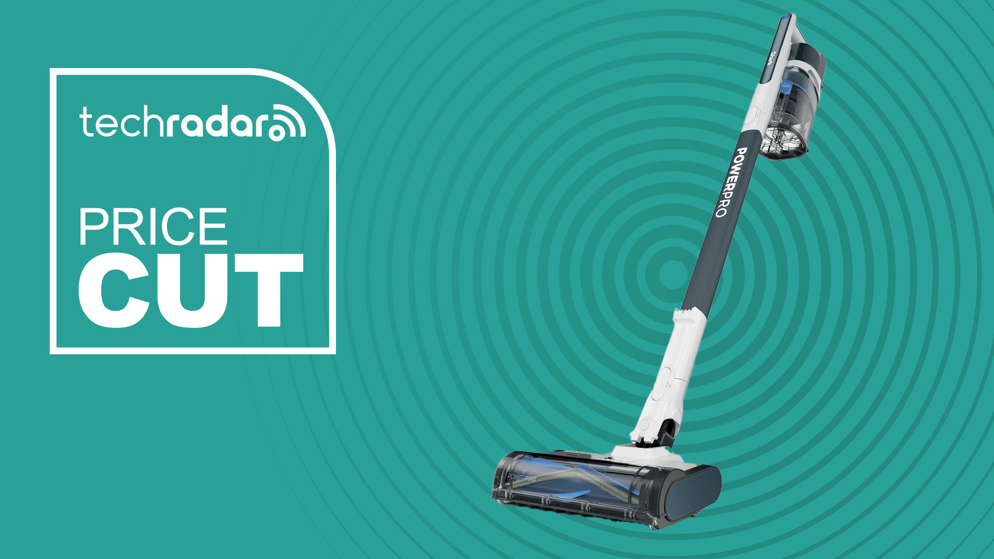 Shark PowerPro Plus Cordless Stick Vacuum on cyan background with TechRadar price cut sign