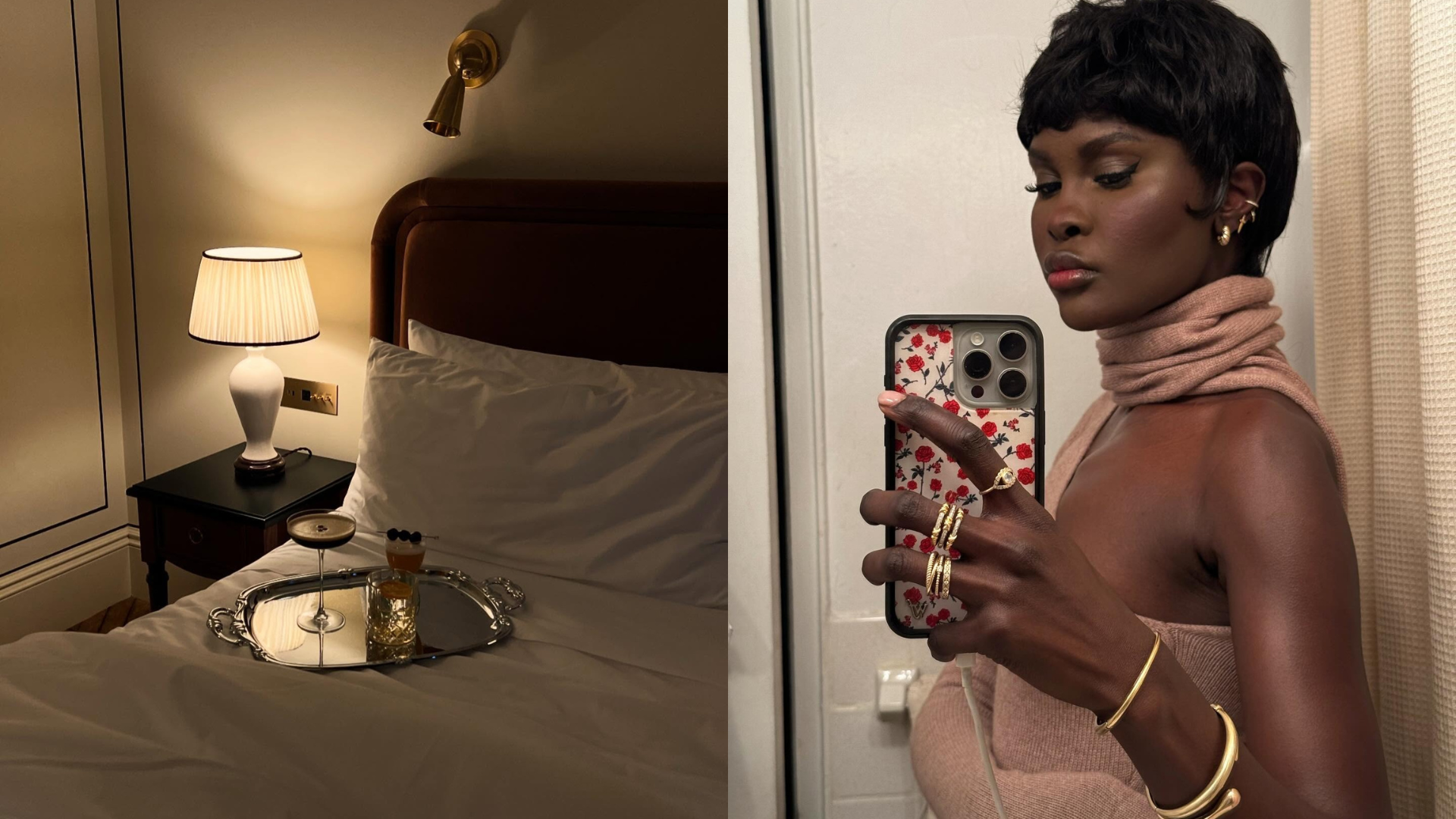 Photo collage of cocktails on a bed and Amy Julliette Lefévre taking a mirror selfie 