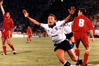 David Platt celebrates after scoring England's winning goal in extra time of the 1990 World Cup last 16 match against Belgium