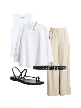 collage of white tank, beige pants, black sandals, and black belt