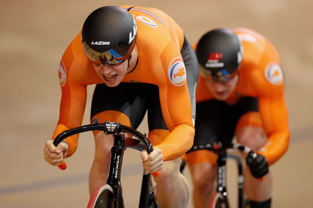 The Netherlands team competes to win in the mens Team Sprint at the UCI track cycling World Championship in Berlin on February 26 2020 Photo by Odd ANDERSEN AFP Photo by ODD ANDERSENAFP via Getty Images