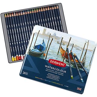 The best watercolour pencils include a tin of pencils with a Venice scene drawn on the front