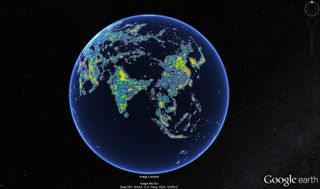 Light pollution shown for Asia using data from the newly released world atlas of artificial night-sky brightness.