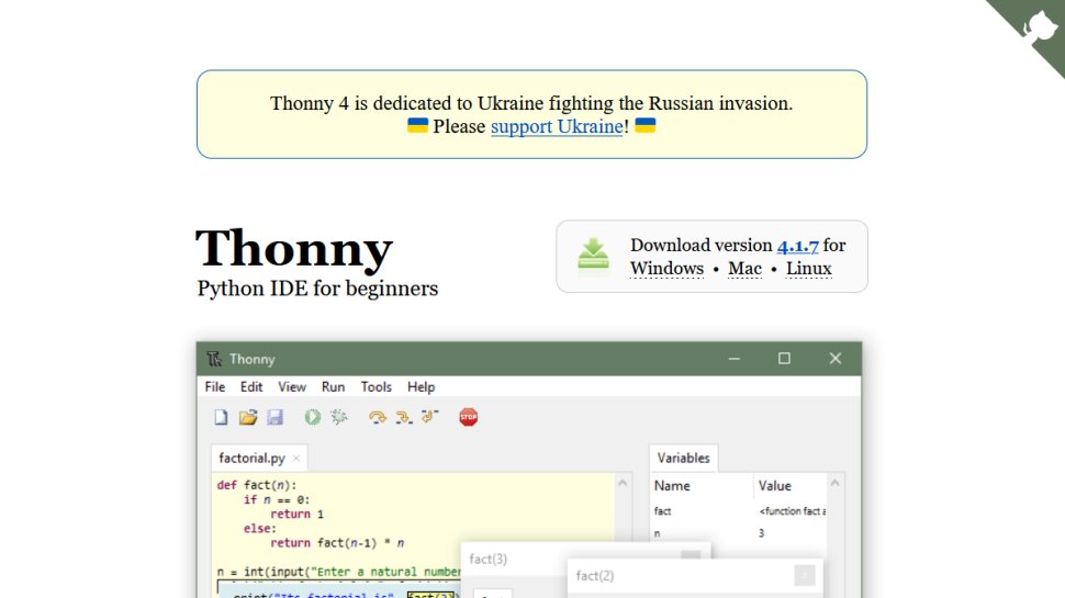 Thonny website screenshot (January 2026).