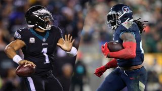 Derrick Henry and Jalen Hurts on a Titans vs Eagles live stream