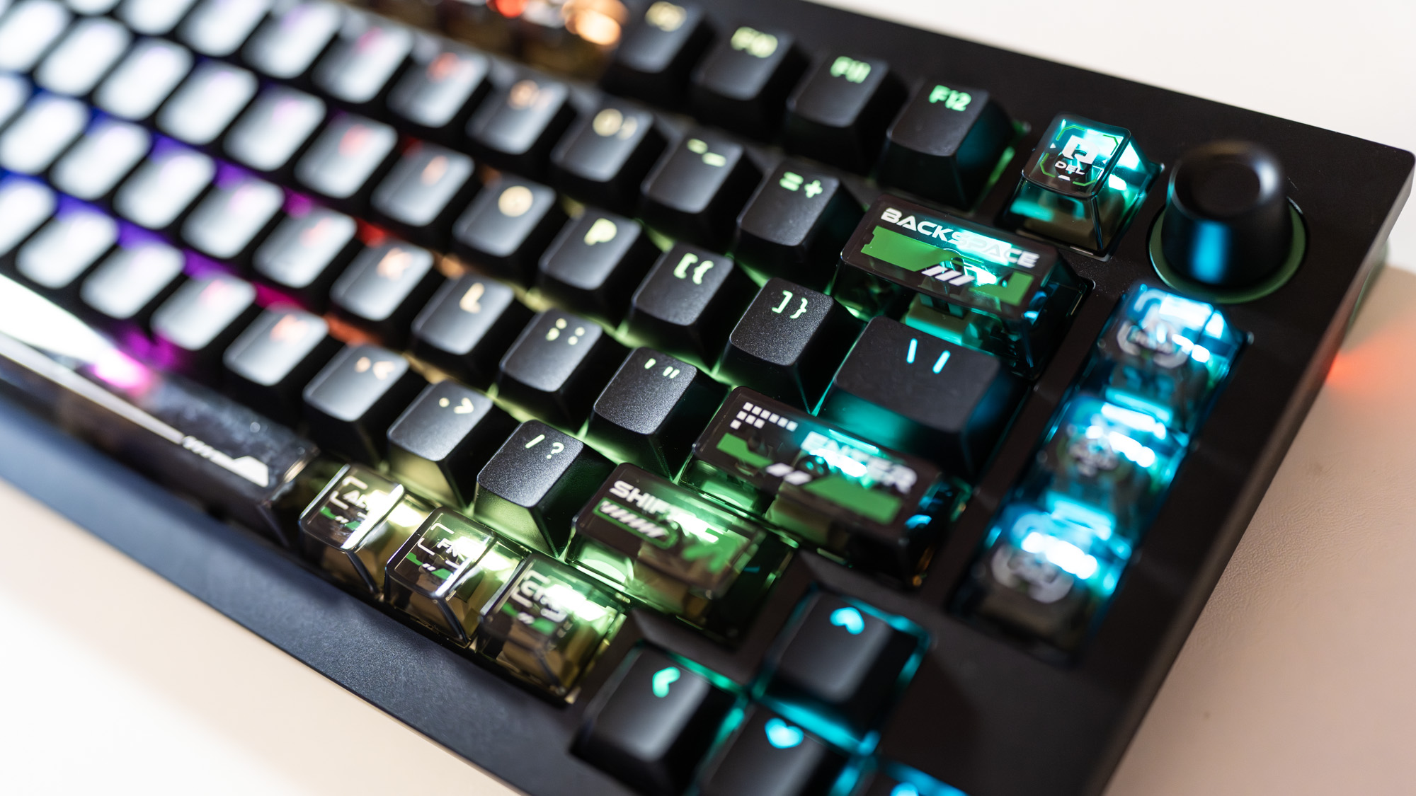 Lemokey L5 HE 8K gaming keyboard with RGB enabled on a desk.