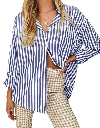 Thefabland Women's Blouses Striped Long Sleeve Shirts Button Down Loose Fit Casual Tops