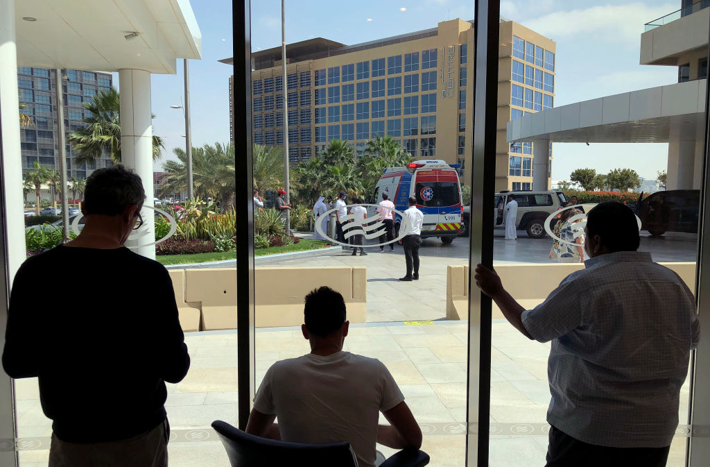 A view from inside the Crowne Plaza hotel, which is on lockdown due to fears of the Corona Virus, looking towards the hotel where cyclists from the UAE Tour are being held