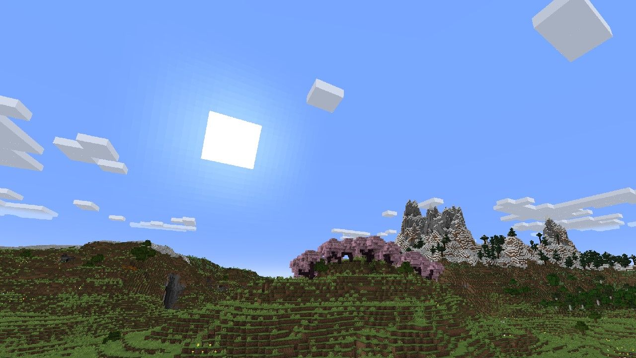 In-game screenshot of the Cherry Blossom biome in Minecraft 1.20.
