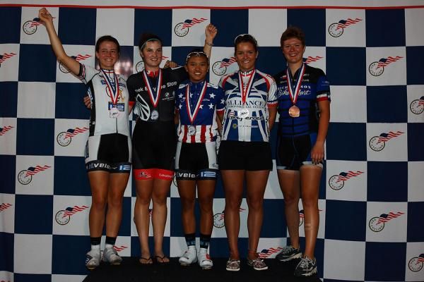 Womens 17-18 Keirin Podium (L-R): Ruth Winder, Madalyn Godby, Coryn Rivera, Shelbe Eck, Elizabeth Engwis