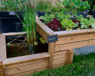 Raised garden bed with DIY garden pond