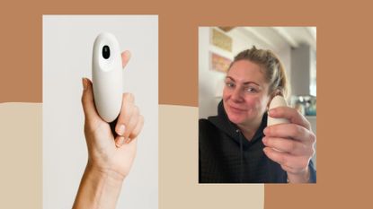 Moonbird handheld breathing coach for breathing exercises for stress relief and Jennifer Kyte holding the device