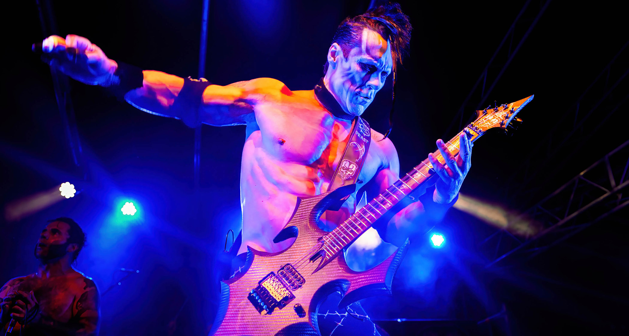 Doyle Wolfgang von Frankenstein in full war paint, performs with his weaponized electric guitar