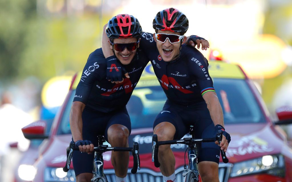 LA ROCHESURFORON FRANCE SEPTEMBER 17 Arrival Richard Carapaz of Ecuador and Team INEOS Grenadiers Michal Kwiatkowski of Poland and Team INEOS Grenadiers Celebration during the 107th Tour de France 2020 Stage 18 a 175km stage from Mribel to La Roche sur Foron 543m TDF2020 LeTour on September 17 2020 in La RochesurForon France Photo by Stephane Mahe PoolGetty Images