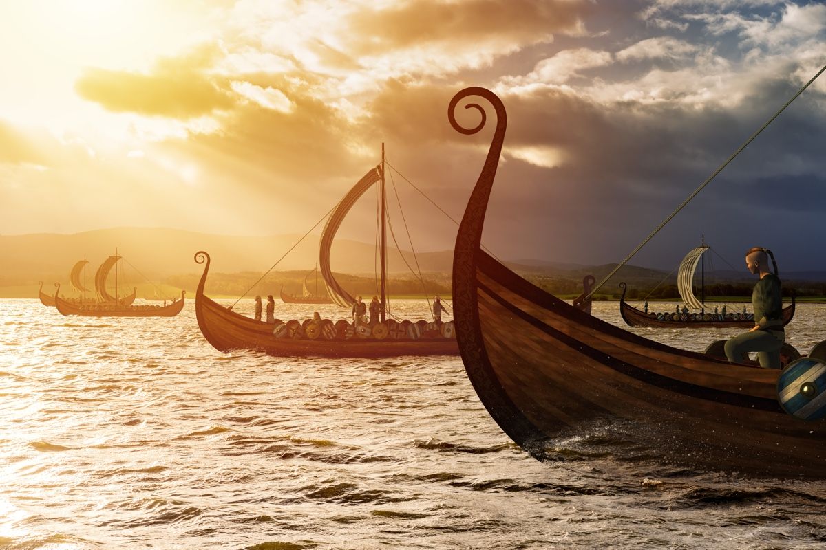 Viking ships on the water in Norway.