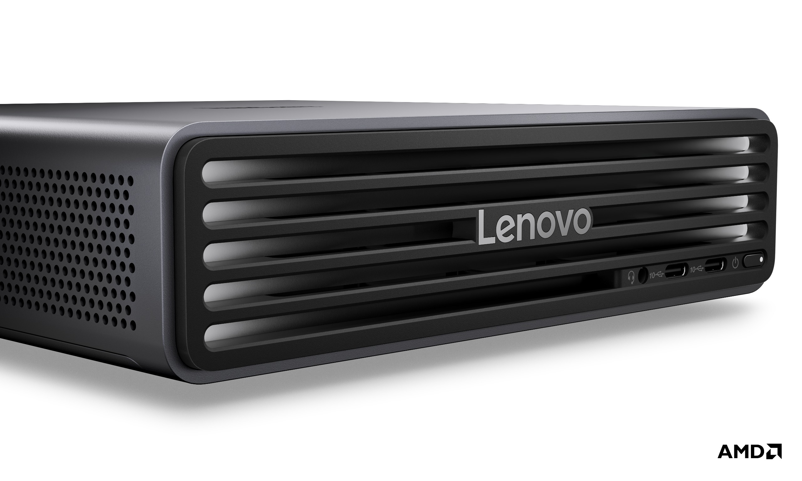 The Lenovo ThinkCentre X Ultra pictured with its LED lighting on display