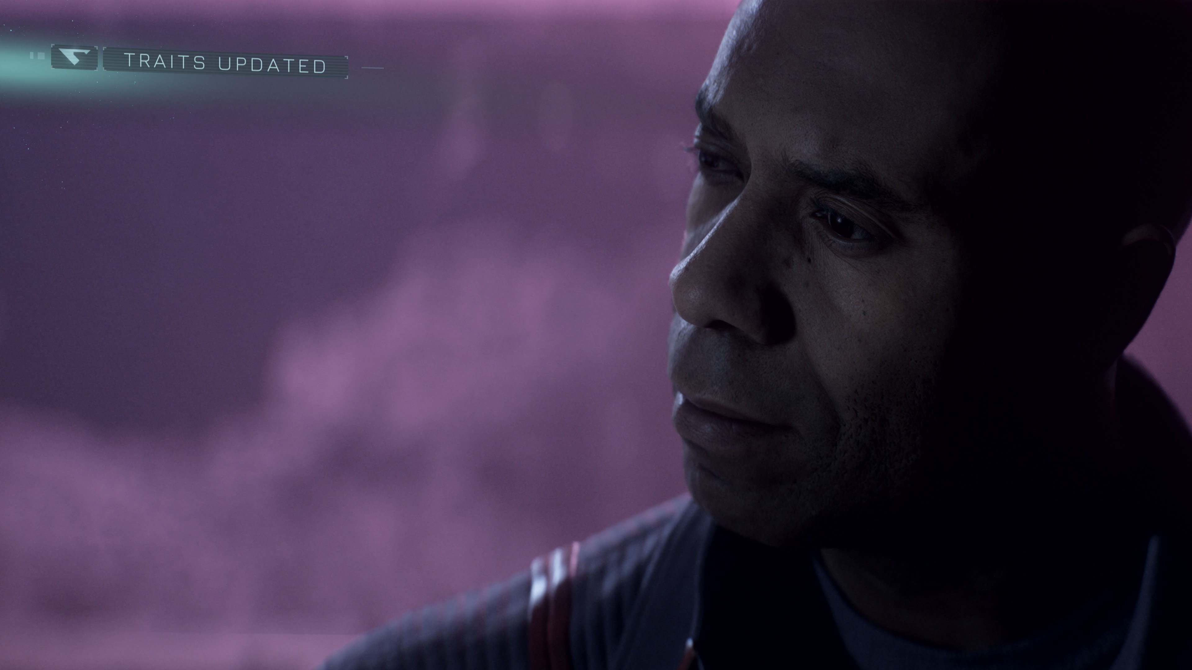 A character in Directive 8020 with a pop up saying "Traits Updated".