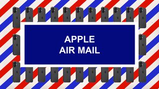 A collage of black iPhones arranged against a red, white, and blue striped background, featuring the text "APPLE AIR MAIL" in bold white letters