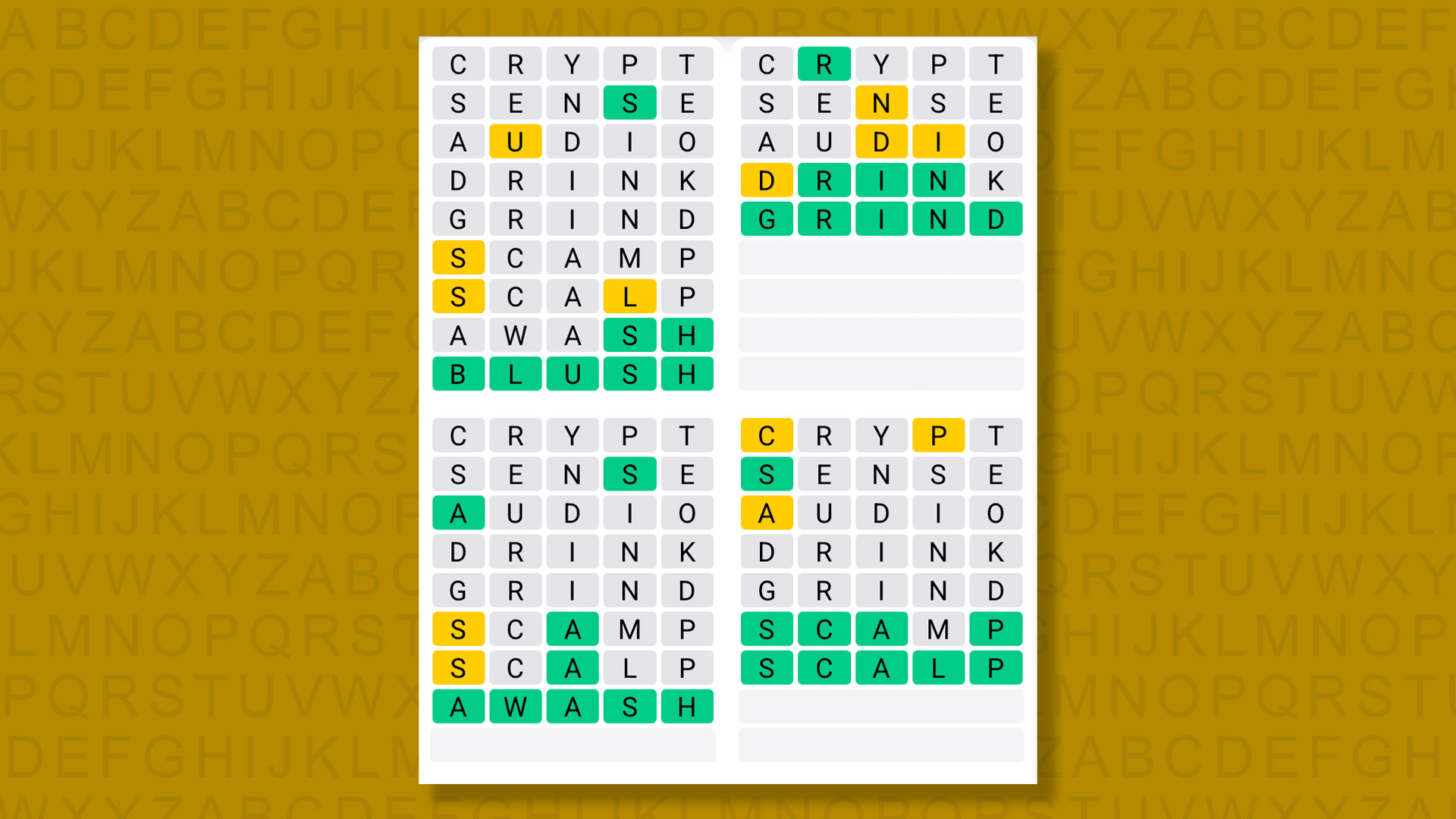 Quordle answers for game 1521 on a yellow background