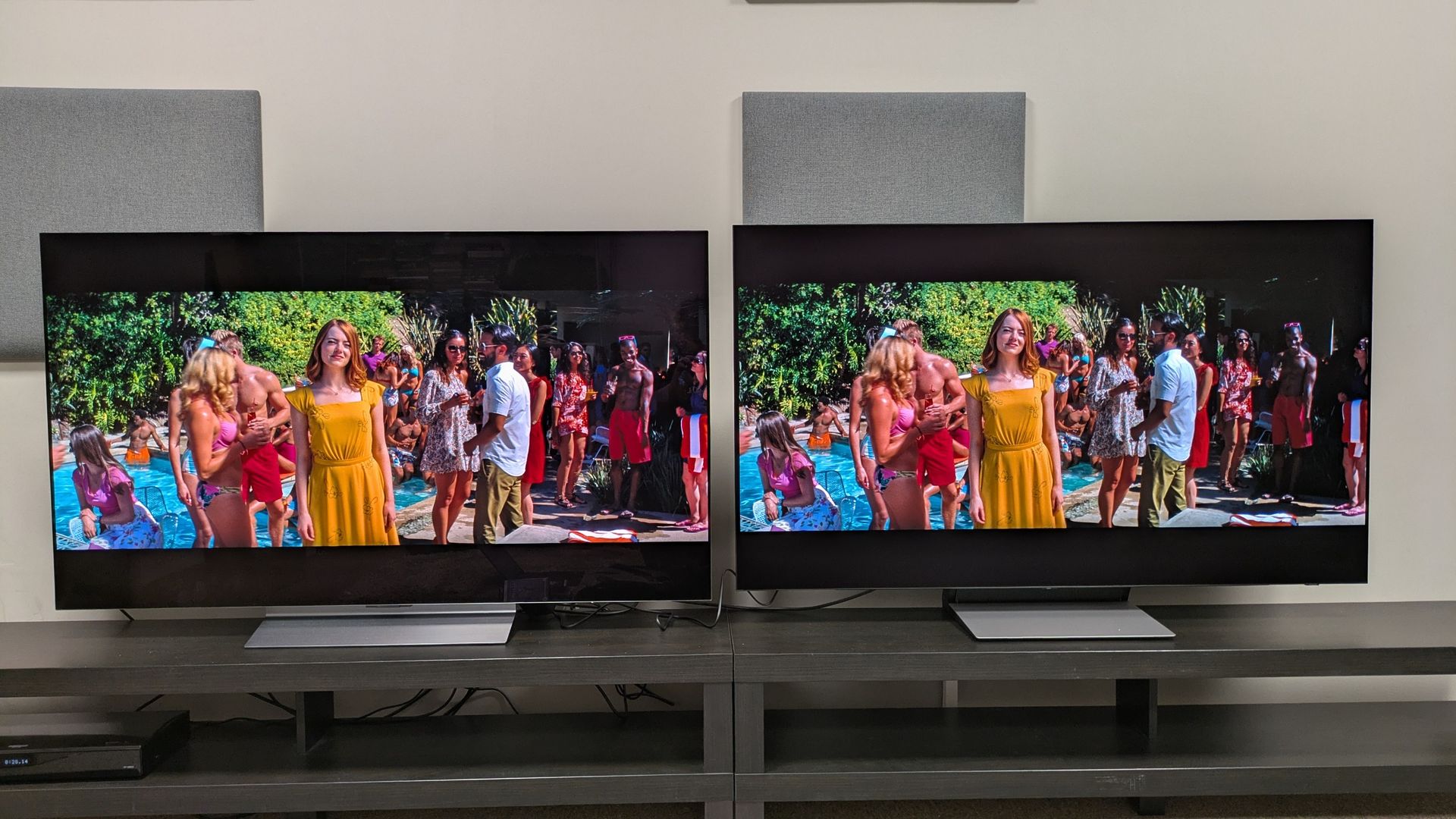 LG C6 (left) and Samsung S90H (right) showing shot of Mia in yellow dress at part from La La Land. Both TVs produce superb colors but they're slightly punchier on the C6