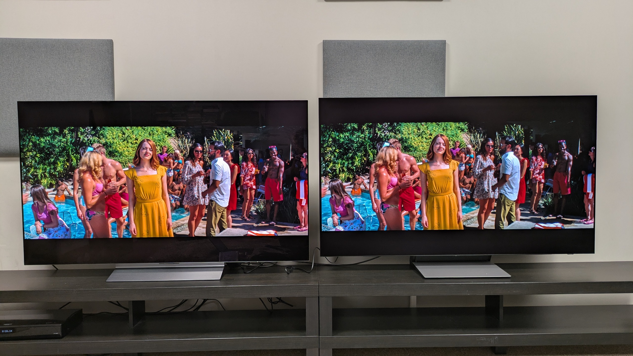 LG C6 (left) and Samsung S90H (right) showing shot of Mia in yellow dress at part from La La Land. Both TVs produce superb colors but they're slightly punchier on the C6
