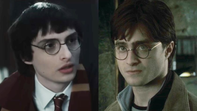 From L to R: Finn Wolfhard as Harry Potter in SNL's Heated Wizardry sketch, Daniel Radcliffe as Harry Potter in Harry Potter and the Deathly Hallows - Part 1.