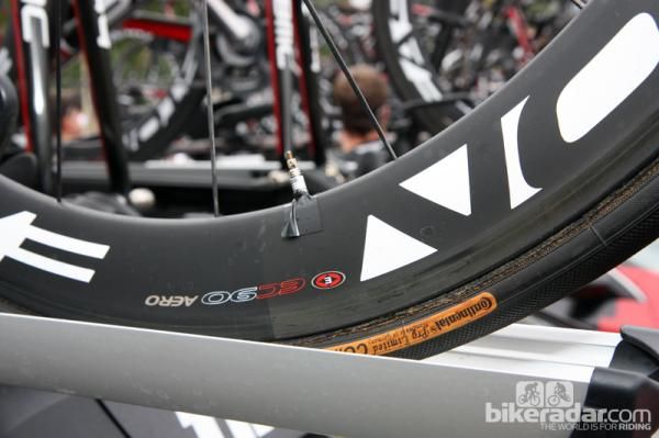 A piece of electrical tape keeps the valve from rattling on Taylor Phinney's (BMC) Easton EC90 Aero carbon rim.
