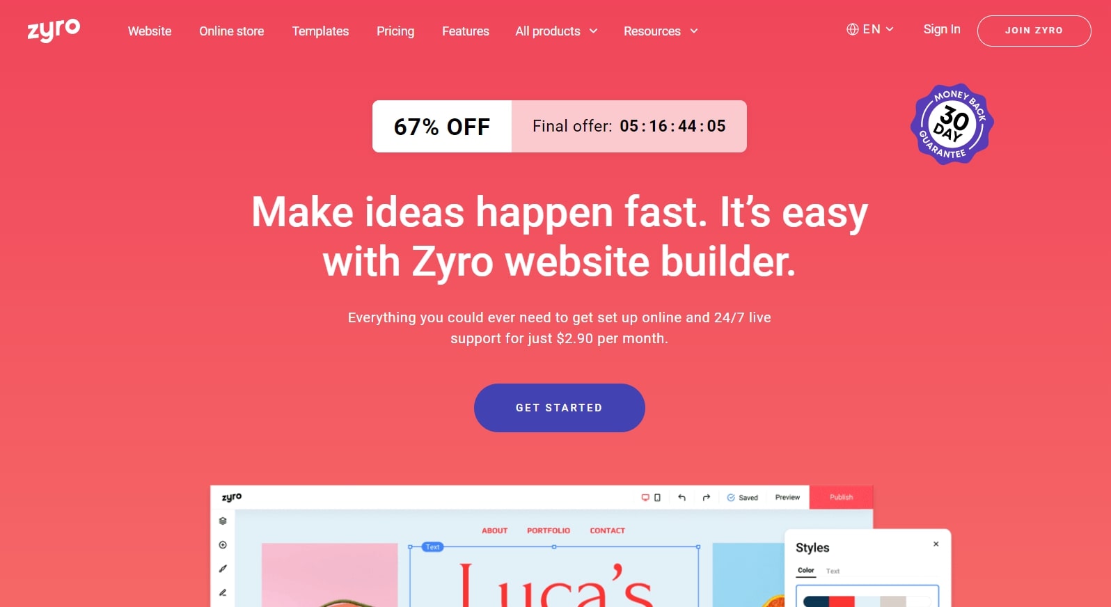 Zyro's homepage